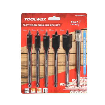 Toolway 6pc Set Self-Feeding Screw Tip Flat Wood Drill Bit